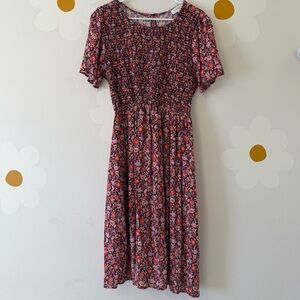Bohme Smocked Short Sleeve Red and Pink Floral Midi Dress